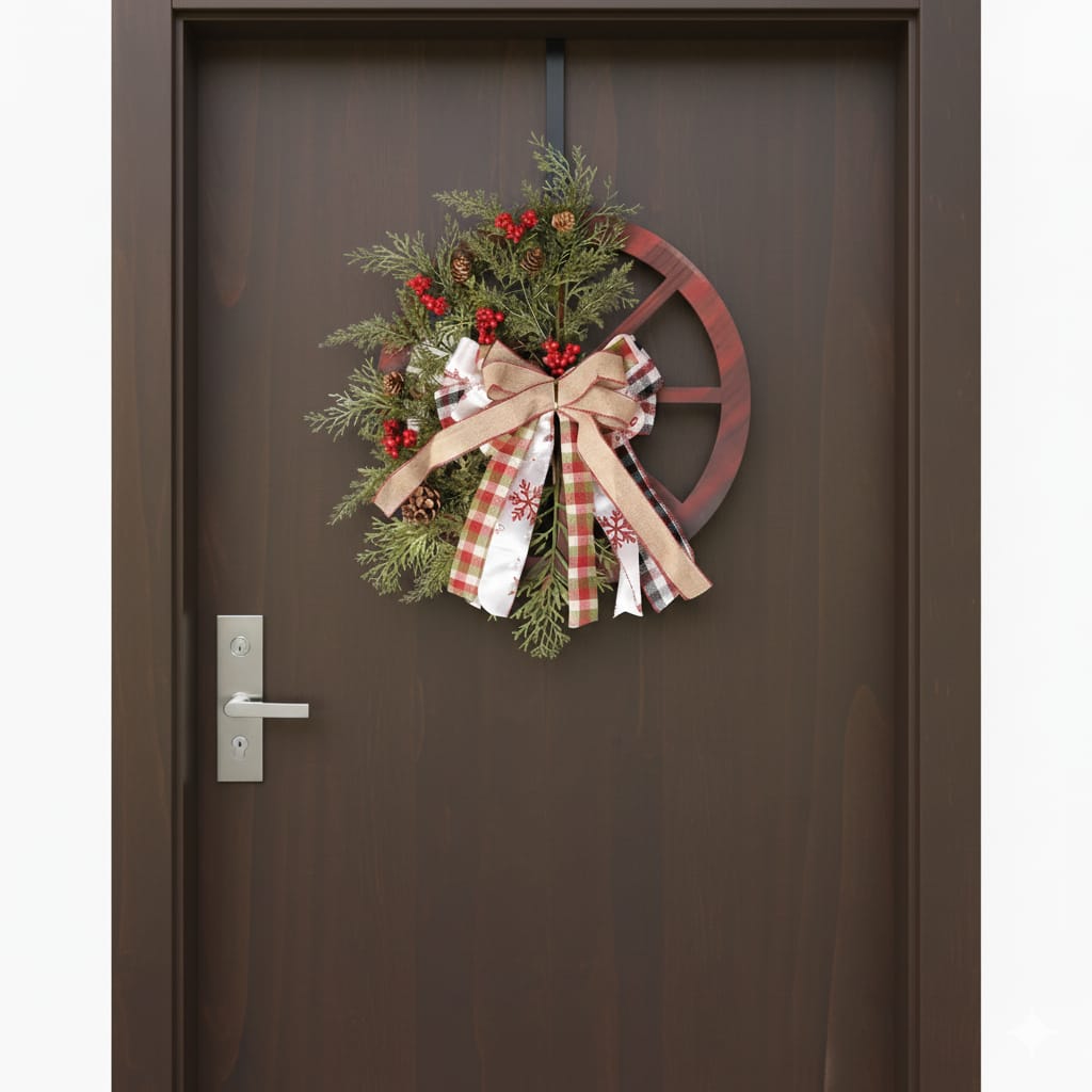 40cm Christmas Rustic Wagon Wheel Wreath – A Warm Welcome for the Holidays - Image 3