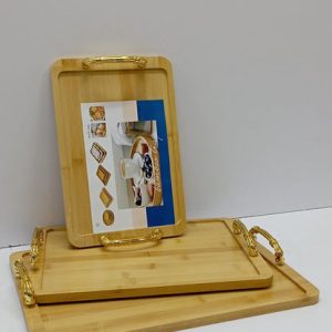 3 in 1 Bamboo Serving Tray Set with Gold Handles
