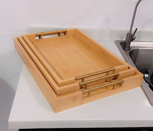 3 in 1 Bamboo Serving Tray Set with Gold Handles