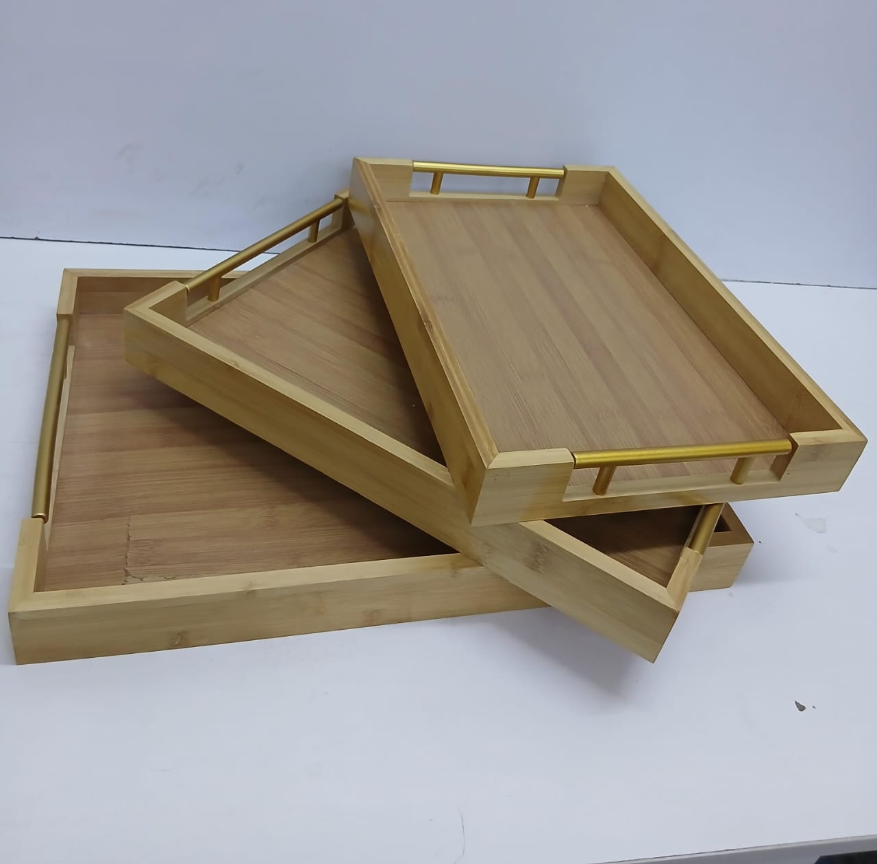 3 in 1 Bamboo Serving Tray Set with Gold Handles - Image 3