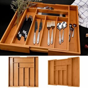 Expandable Multifunctional Bamboo Drawer Cutlery Organizer